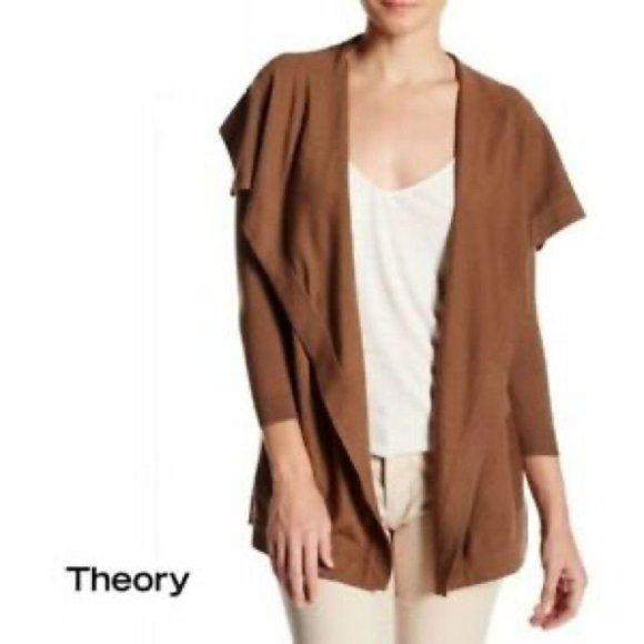Theory Maritza brown lightweight wool draped cardigan sweater L - Picture 2 of 8
